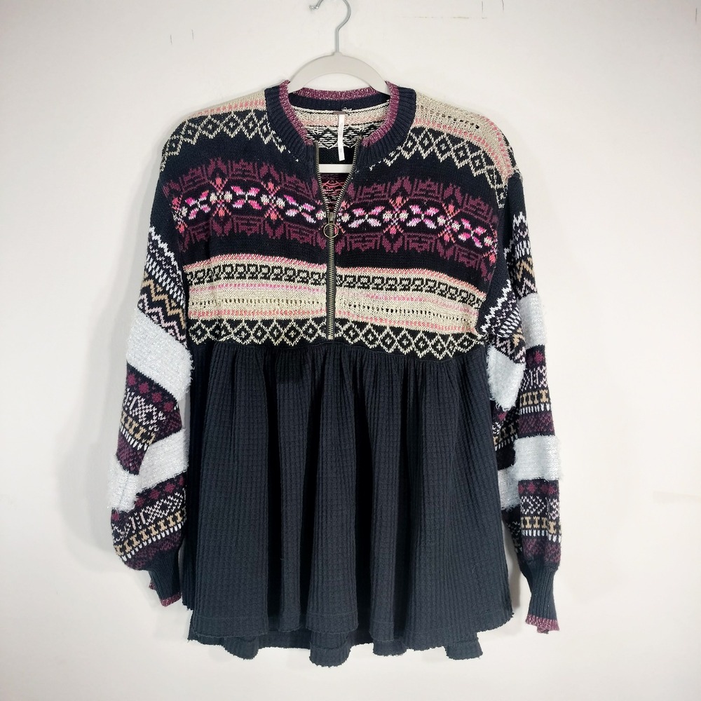 Free People Babydoll Sweater; Fair Isle Mixed Media Half Zip Pullover Tunic‎